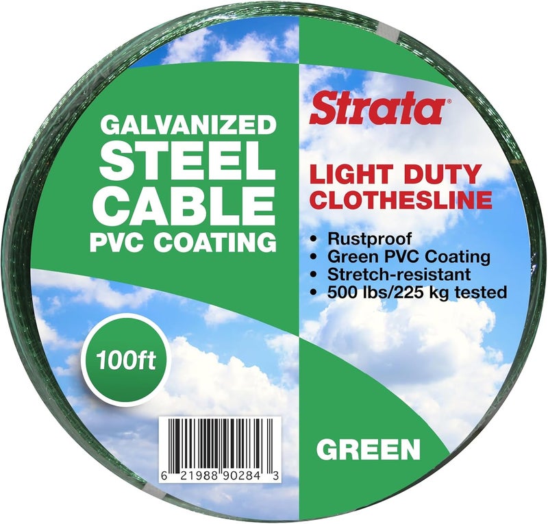 Strata Clothesline - Galvanized Steel Cable - PVC Coasting (100', Green) - Image 1