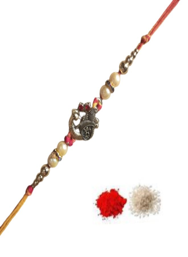 Craftomanic® Peacock Design Rakhi لمصمم Bhaiya Rakhi مع Roli Chawal Pearl Rakhi للرجال والأولاد/مجموعة Rakhi المعدنية للأخ مع Roli Chawal - Image 1