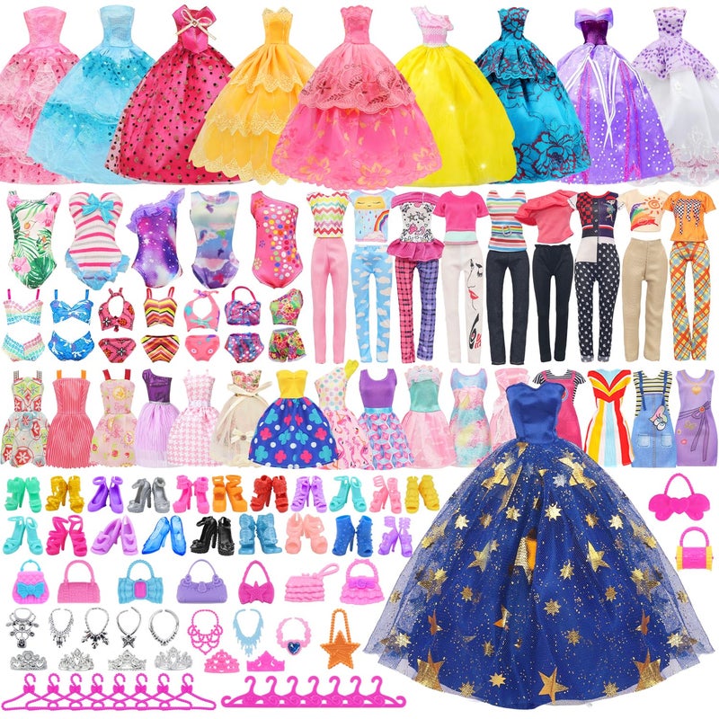 Ecore Fun 101 Pcs Doll Clothes and Accessories Set for 115 Inch Dolls 5 Wedding Gowns 12 Fashion Dresses 2 Tops 2 Pants 2 Swimsuits 10 Shoes and Other Accessories Dress up Toys for Girls Kids - Image 3