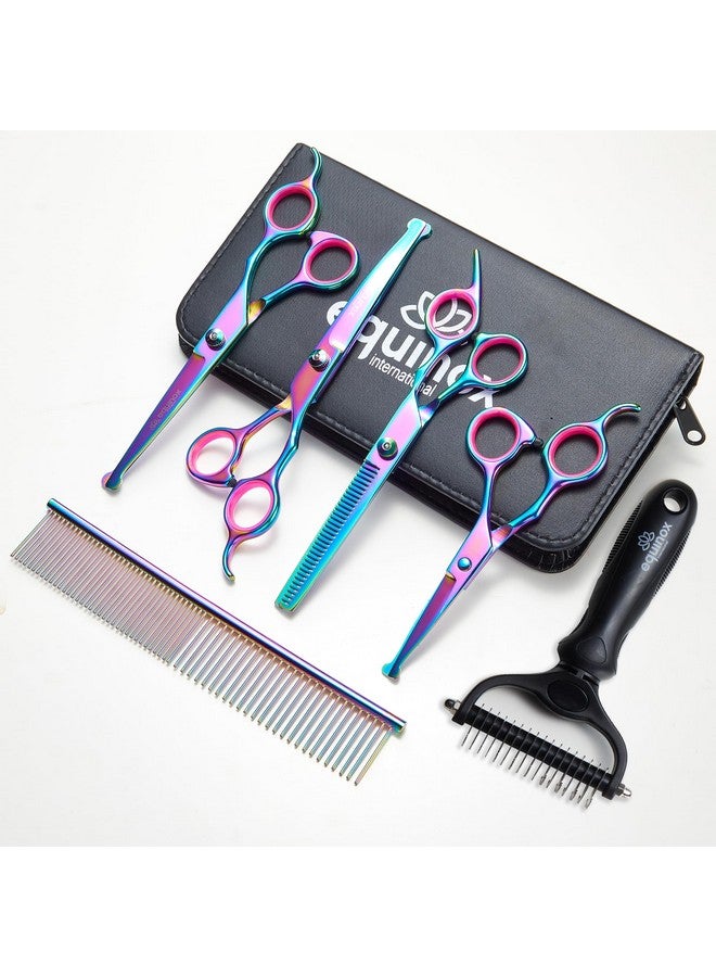Equinox International Equinox Dog Grooming Scissors & Deshedder - 7 in 1 Pet Grooming Scissors Set with undercoat brush - Curved Dog Scissors with safety tips - Includes Thinning & Rounded Shears - For dogs & cats - Image 1