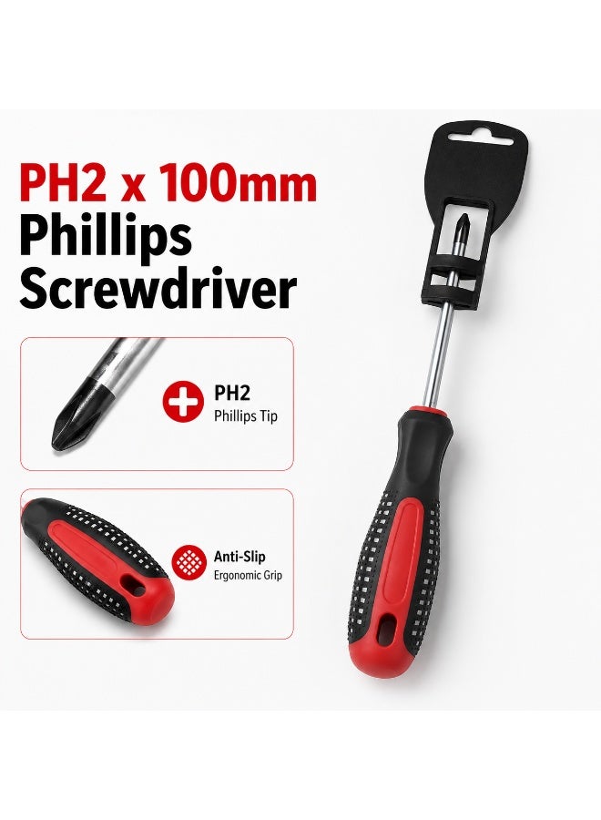 PH2 x 100mm Phillips Screwdriver, Long Shaft Cross Head Hand Tool With Anti-Slip Black Red Comfort Grip Handle For DIY, Home Repair, Furniture & Workshop Use - Image 1