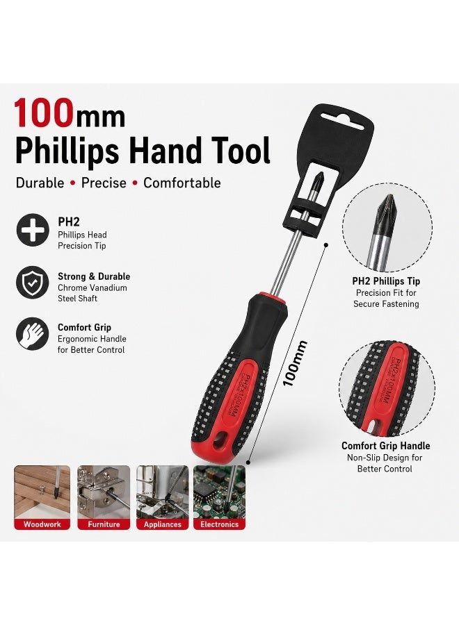 PH2 x 100mm Phillips Screwdriver, Long Shaft Cross Head Hand Tool With Anti-Slip Black Red Comfort Grip Handle For DIY, Home Repair, Furniture & Workshop Use - Image 4