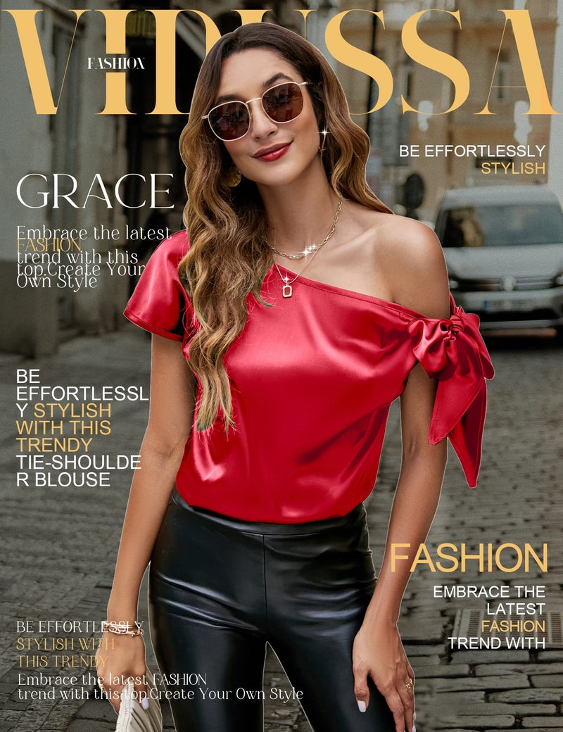 VIDUSSA Women's Off Shoulder Silk Tops Casual Short Sleeve Asymmetrical Neck Satin Blouse Shirts Red XL - Image 3