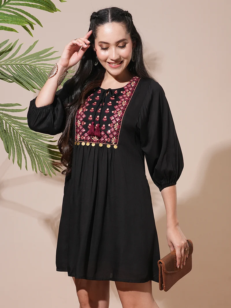 جلو باص Globus Women Embroidered Yoke Tie-Up Detailing Bishop Sleeves A-Line Mini Workwear Dress