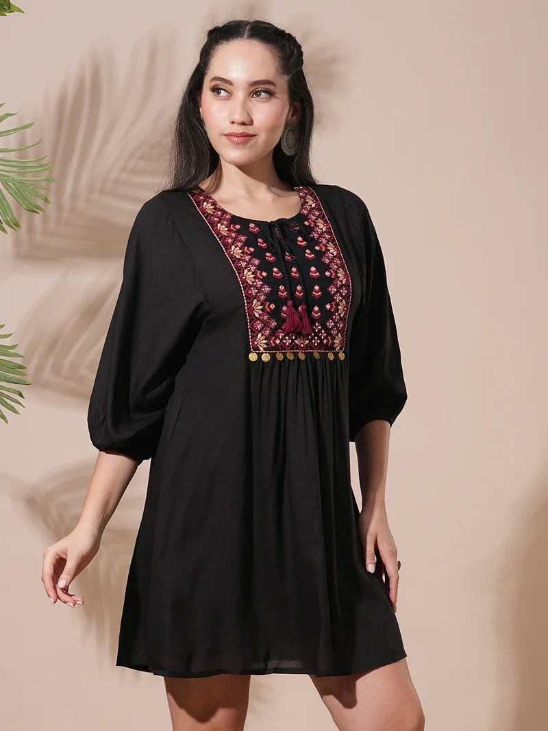 جلو باص Globus Women Embroidered Yoke Tie-Up Detailing Bishop Sleeves A-Line Mini Workwear Dress