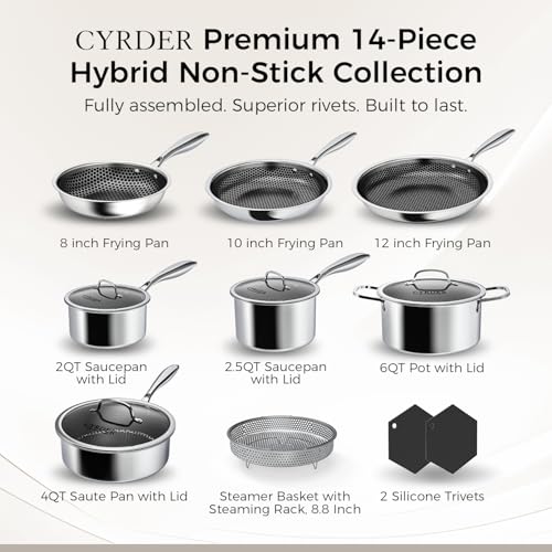 Cyrder Nonstick Pots and Pans Set, 14 Piece Hybrid Hex Non Stick Stainless Steel Cookware with Frying Pans, Saute Pan, Saucepans & Stock Pot - Induction Compatible, Dishwasher &Oven Safe, PFOA Free - Image 2