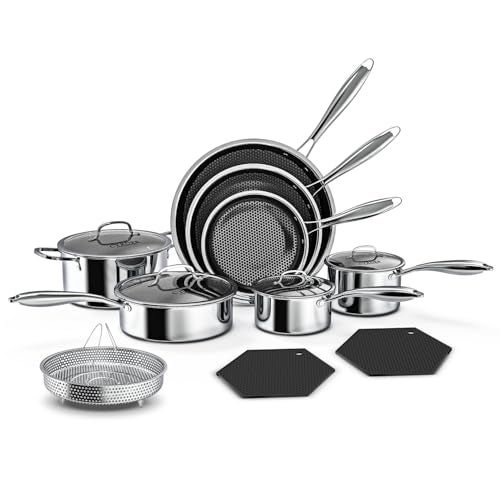 Cyrder Nonstick Pots and Pans Set, 14 Piece Hybrid Hex Non Stick Stainless Steel Cookware with Frying Pans, Saute Pan, Saucepans & Stock Pot - Induction Compatible, Dishwasher &Oven Safe, PFOA Free - Image 1