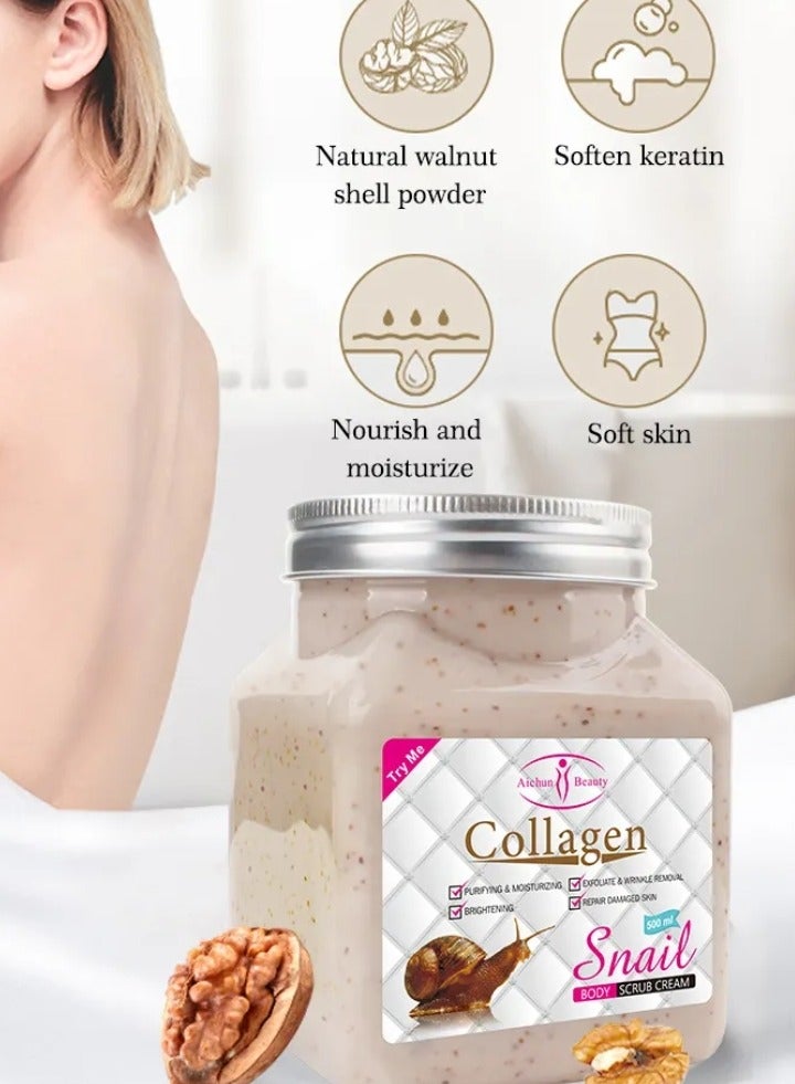 Aichun beauty 500ml Collagen Snail Body Scrub Cream Brightening Exfoliating Scrub No Harm Multifunctional Easy To Use Non irritating Convenient Exfoliate Universal Snail Cream Exfoliation Cream Scrub Collagen Face Scrub - Image 3