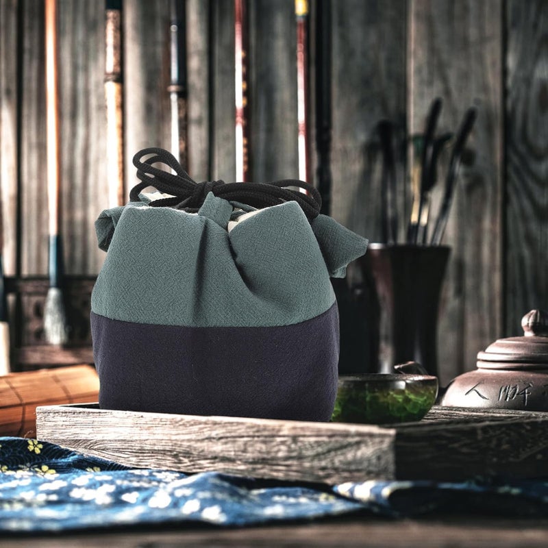 Large Drawstring Tea Set Storage Bag, Portable Fabric Teapot and Teacup Carrier Pouch, Household Travel Teaware Organizer in Green and Navy Blue - Image 4