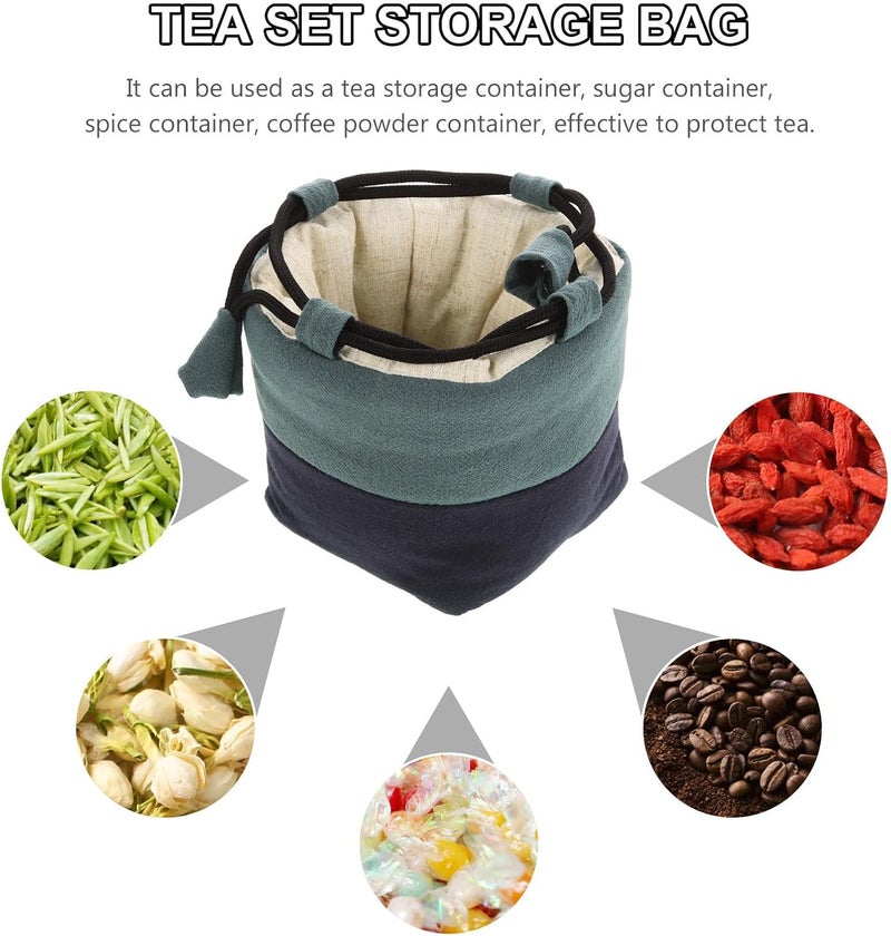 Large Drawstring Tea Set Storage Bag, Portable Fabric Teapot and Teacup Carrier Pouch, Household Travel Teaware Organizer in Green and Navy Blue - Image 3