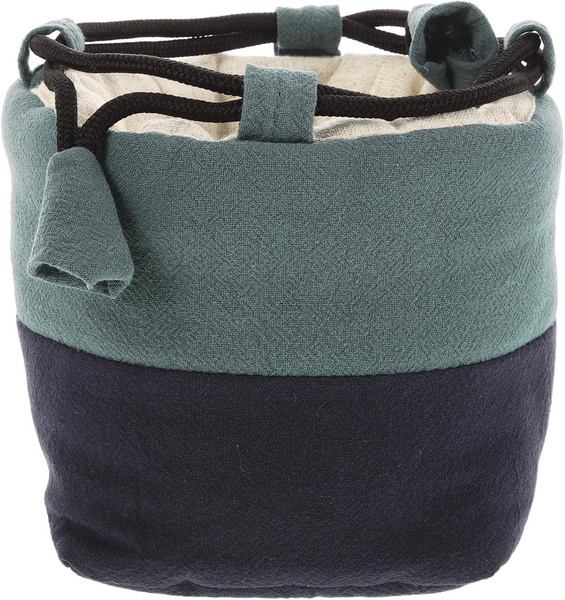 Large Drawstring Tea Set Storage Bag, Portable Fabric Teapot and Teacup Carrier Pouch, Household Travel Teaware Organizer in Green and Navy Blue - Image 1