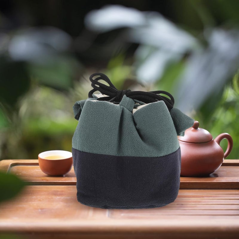 Large Drawstring Tea Set Storage Bag, Portable Fabric Teapot and Teacup Carrier Pouch, Household Travel Teaware Organizer in Green and Navy Blue - Image 5