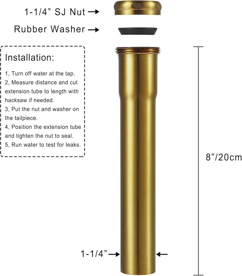 Fipoque 18 Gauge Brass Slip Joint Extension Tube 1-1/4” OD x 8” with Nut and Rubber Washer, P Trap Extension Tube, Sink Drain Tailpiece Tube Extension Heavy Duty, Brushed Brass Gold - Image 5
