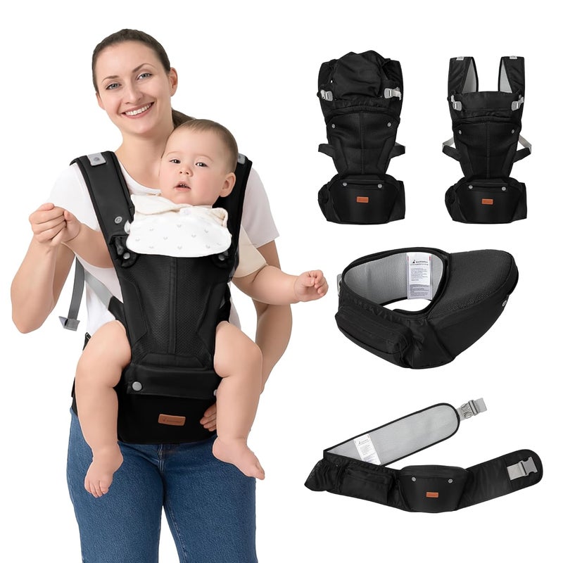 BabbleRoo Grow Carrier  6in1 Baby Carrier with Hip Seat Ergonomic Cozy  Adjustable Toddler Carrier 750 lbs with Hip  Lumbar Support Hood for Sun Protection Newborn to Toddler Black - Image 1