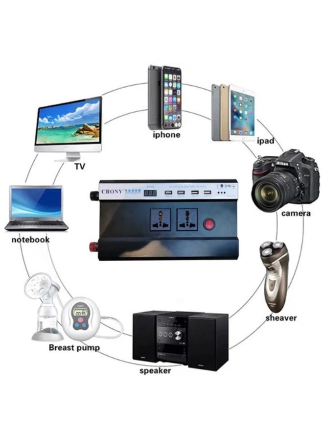 كروني محول طاقة السيارة كروني 2500 واط - يحول 12 فولت تيار مستمر إلى 220 فولت تيار متردد مع 4 منافذ USB، نظام حماية كامل، تصميم صغير الحجم وقابل للحمل للرحلات البرية، وحالات الطوارئ العائلية والتخييم - Image 2