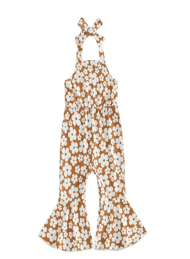 Arvbitana Toddler Kids Baby Girls Backless Suspenders Jumpsuit Bell Bottoms Pants Romper Summer Halter Overalls Flower Outfit (A-Yellow, 6-12 Months) - Image 1