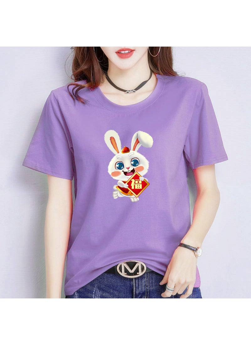 Generic Casual round Neck Short Sleeve T-Shirt Couple Tops Rabbit Year Lucky Year Gift Men Women Activity Wear Milk Silk Polyester Spandex Cartoon Pattern Purple  - Image 1