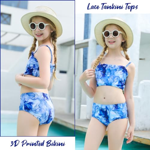 Vogseek 10-12 Girls Swimsuits for Teens 3 Piece Beach Bathing Suits with Cover Up Pants Size 10 Big Gilrs' Summer Vacation Blue Rash Guard Swimwear Child 3D Print Cute Lace Tops and Bikini Bottoms for Party - Image 4