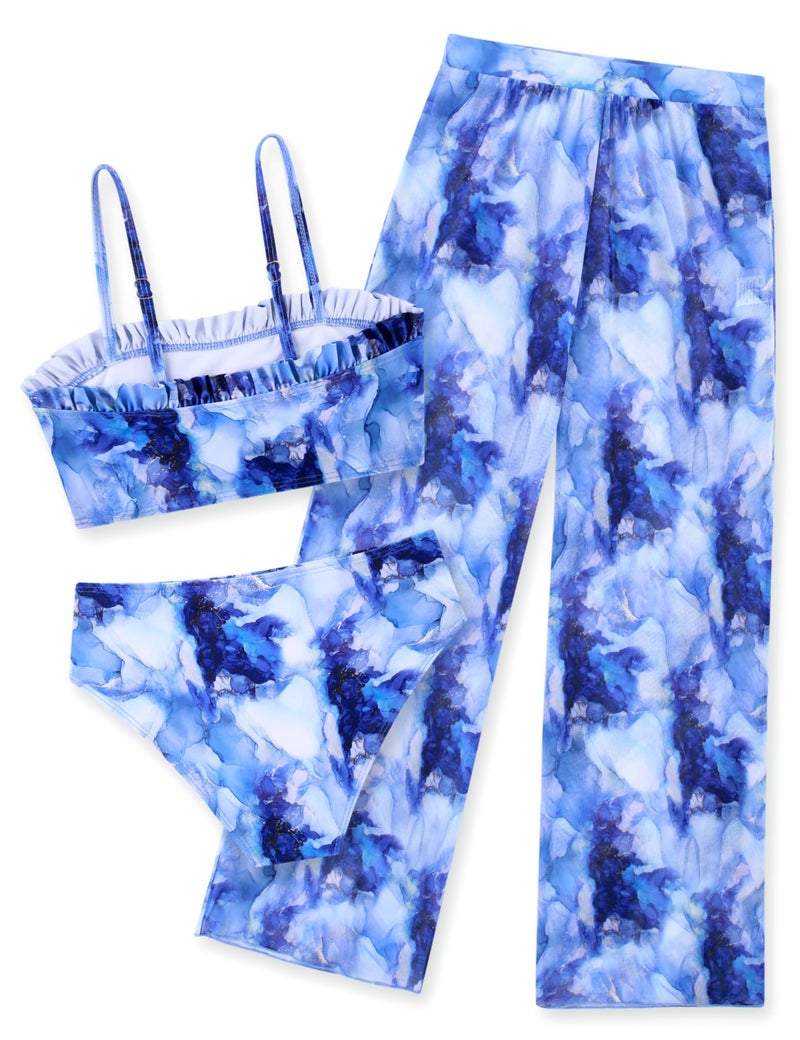 Vogseek 10-12 Girls Swimsuits for Teens 3 Piece Beach Bathing Suits with Cover Up Pants Size 10 Big Gilrs' Summer Vacation Blue Rash Guard Swimwear Child 3D Print Cute Lace Tops and Bikini Bottoms for Party - Image 3