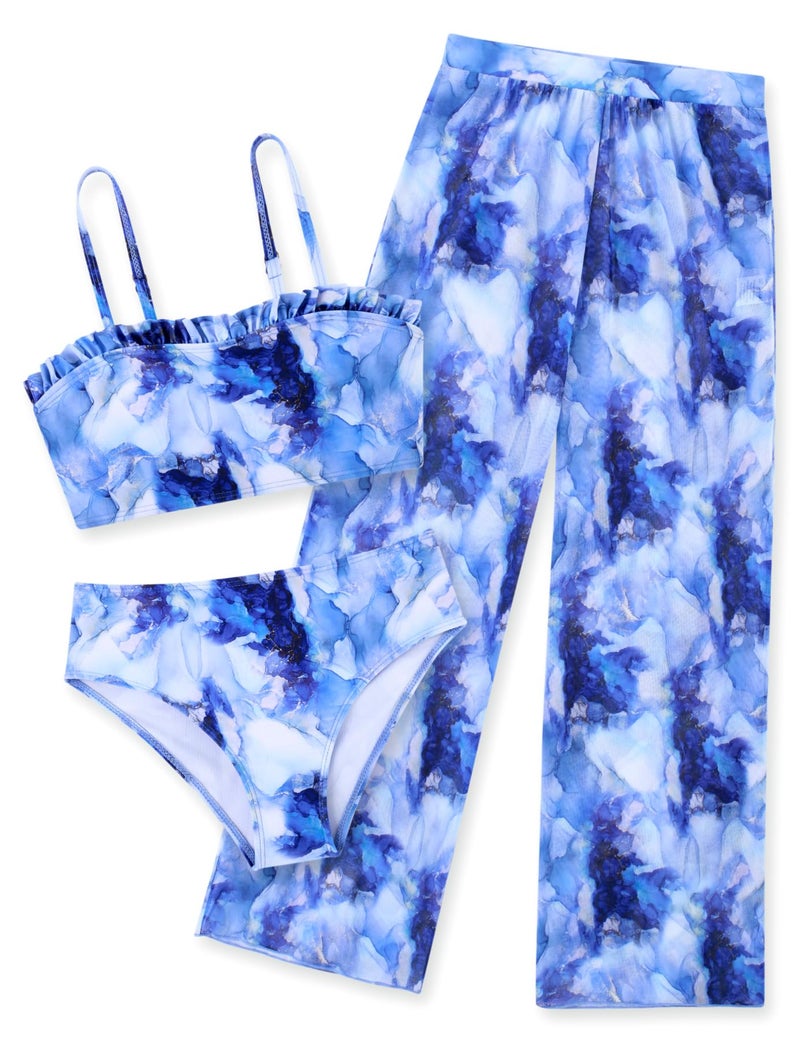 Vogseek 10-12 Girls Swimsuits for Teens 3 Piece Beach Bathing Suits with Cover Up Pants Size 10 Big Gilrs' Summer Vacation Blue Rash Guard Swimwear Child 3D Print Cute Lace Tops and Bikini Bottoms for Party - Image 1