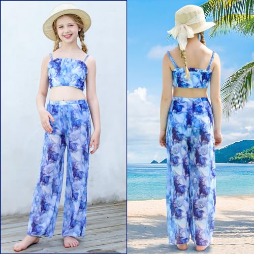 Vogseek 10-12 Girls Swimsuits for Teens 3 Piece Beach Bathing Suits with Cover Up Pants Size 10 Big Gilrs' Summer Vacation Blue Rash Guard Swimwear Child 3D Print Cute Lace Tops and Bikini Bottoms for Party - Image 2
