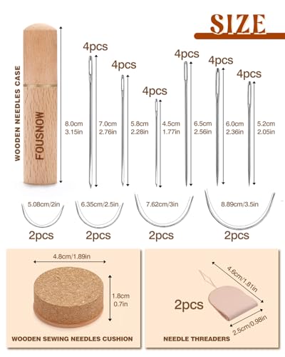 FOUSNOW 36 Pcs Heavy Duty Sewing Needles Kit, Curved Sewing Needles for Hand Sewing, Leather Sewing Needles with Wooden Sewing Needles Cushion, Needle Case for Leather Upholstery Repair Sewing - Image 2