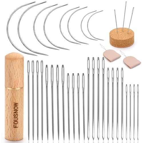 FOUSNOW 36 Pcs Heavy Duty Sewing Needles Kit, Curved Sewing Needles for Hand Sewing, Leather Sewing Needles with Wooden Sewing Needles Cushion, Needle Case for Leather Upholstery Repair Sewing - Image 1