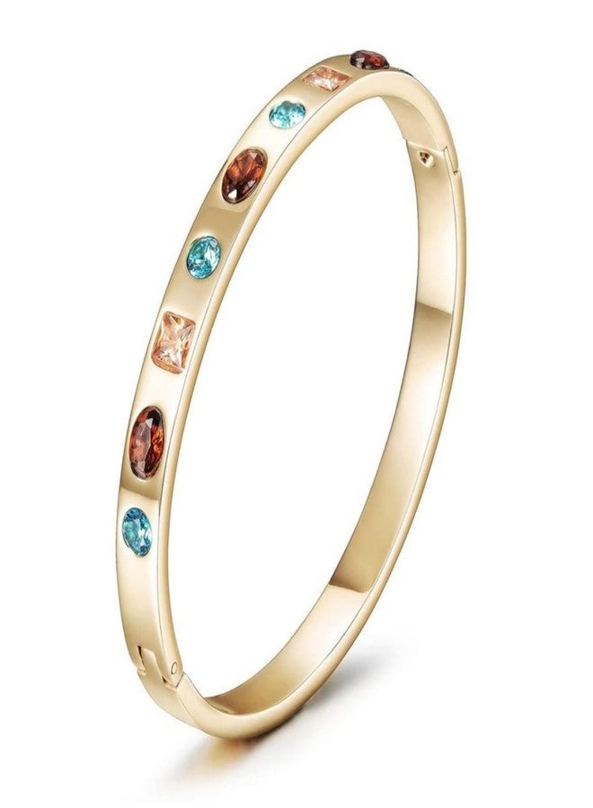 CIUNOFOR Cubic Zirconia Bracelet with nine Colored Stones for Women and Men Stainless Steel Bangle 18K Gold Plate Tone Wide Band Bracelet For Adult Jewelry, 7.5" Inner Circ. - Image 1