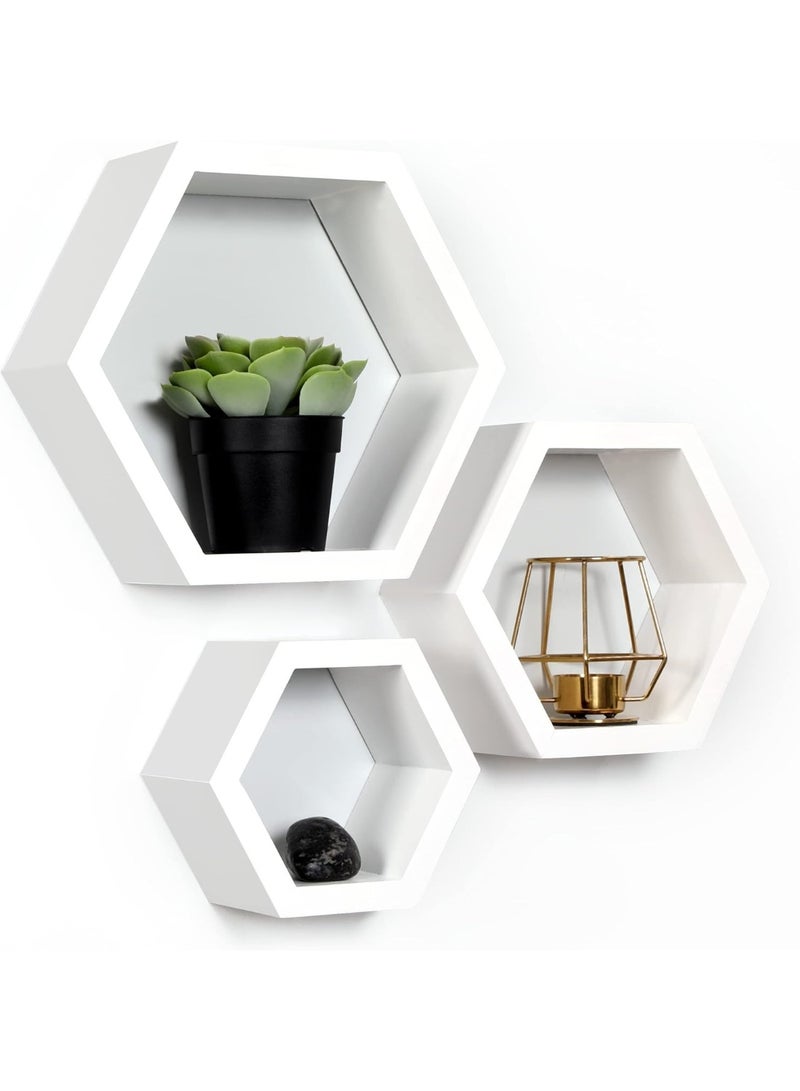 هابي هوم مجموعة من 3 رفوف حائط سداسية الشكل - منظم ديكور حائط عصري للغرف والمكاتب - أرفف تخزين بلاستيكية معلقة سهلة التركيب للمطبخ وغرفة المعيشة وغرفة النوم 25 × 25 سم - أبيض - Image 5