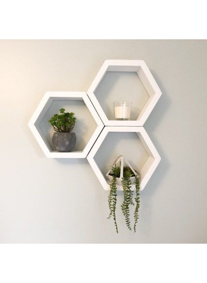 هابي هوم مجموعة من 3 رفوف حائط سداسية الشكل - منظم ديكور حائط عصري للغرف والمكاتب - أرفف تخزين بلاستيكية معلقة سهلة التركيب للمطبخ وغرفة المعيشة وغرفة النوم 25 × 25 سم - أبيض - Image 3