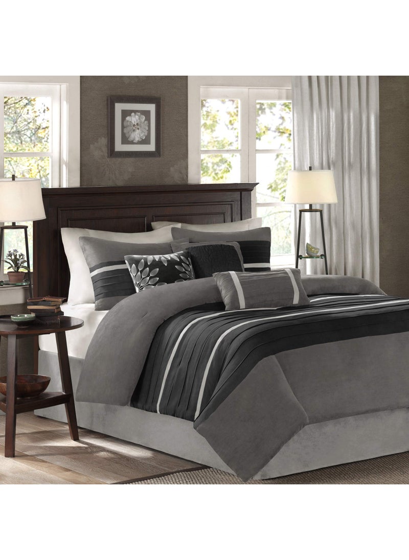 madison park Madison Park Palmer Comforter Set  Faux Suede Design Striped Accent All Season Down Alternative Bedding Matching Shams Decorative Pillow Bed Skirt Queen 90 in x 90 in Black 7 Piece 