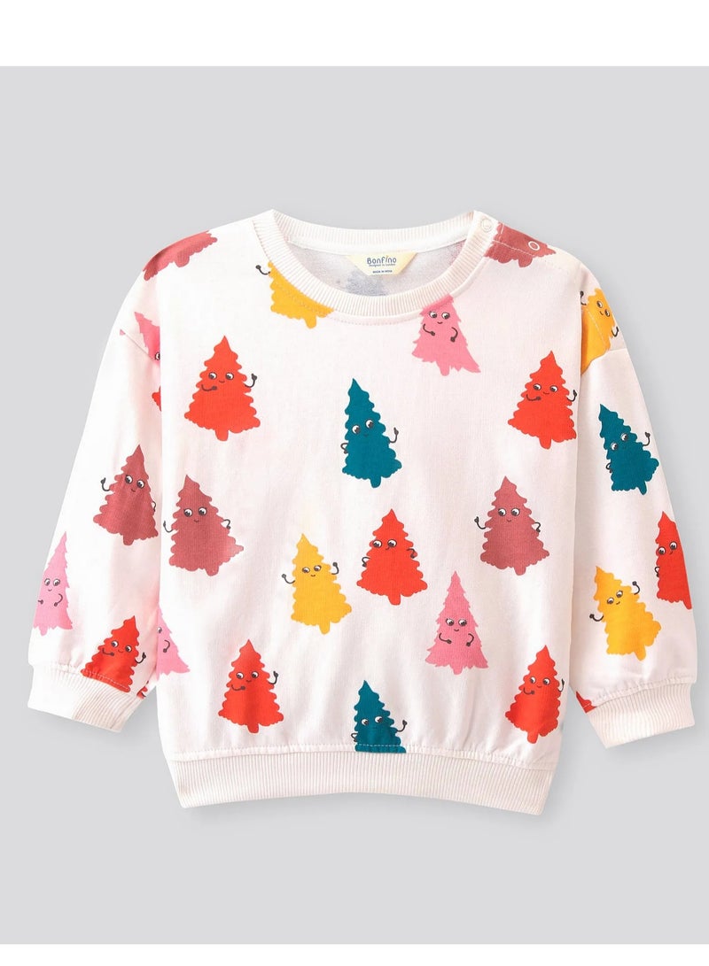 Bonfino Bonfino 100% Cotton French Terry Knit Full Drop Shoulder Sleeves Sweatshirt & Pant Set with Tree Print - Ivory(9-24M& 2-4Y)  - Image 2
