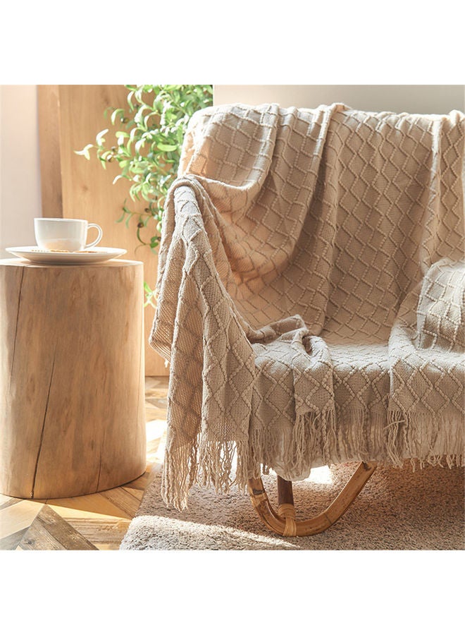 Tassel Design Soft Blanket Keep Warm Cotton Beige 127 x 172cm - Image 3