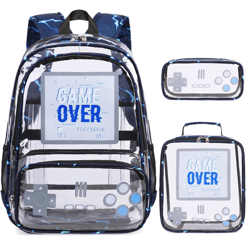 Scothen Clear Backpack for Boys, Clear Gamer School Backpack Heavy Duty with Lunch Bag and Pencil Case, Transparent See Through Bookbag Stadium Approved for Teen Boy Kids Elementary Middle High School - Image 1