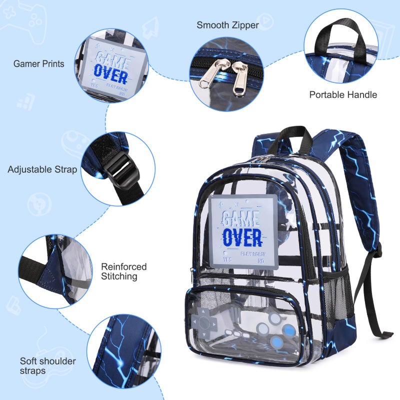 Scothen Clear Backpack for Boys, Clear Gamer School Backpack Heavy Duty with Lunch Bag and Pencil Case, Transparent See Through Bookbag Stadium Approved for Teen Boy Kids Elementary Middle High School - Image 5