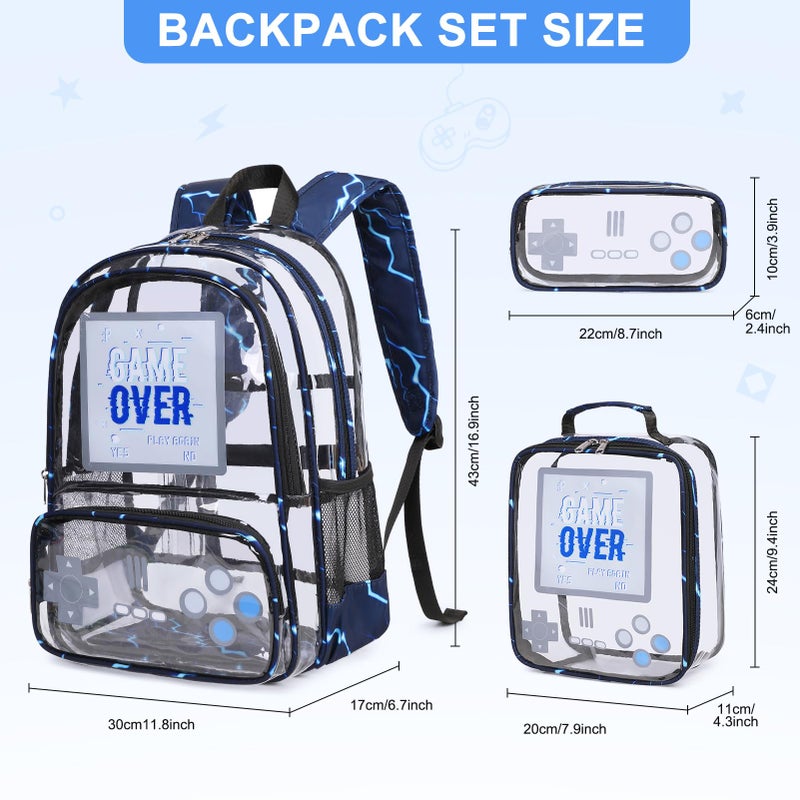 Scothen Clear Backpack for Boys, Clear Gamer School Backpack Heavy Duty with Lunch Bag and Pencil Case, Transparent See Through Bookbag Stadium Approved for Teen Boy Kids Elementary Middle High School - Image 2