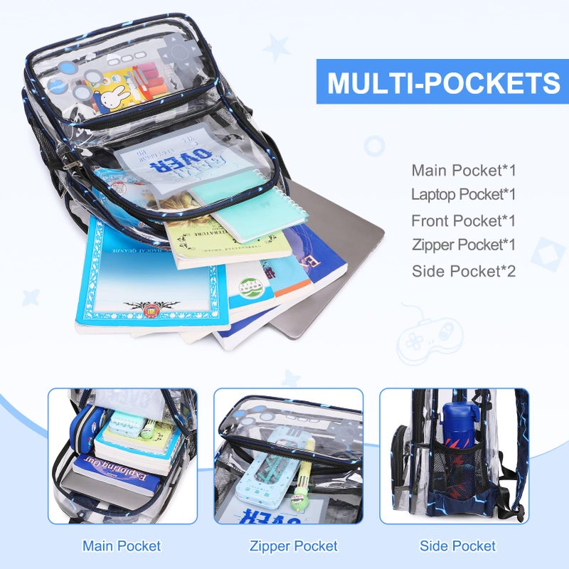 Scothen Clear Backpack for Boys, Clear Gamer School Backpack Heavy Duty with Lunch Bag and Pencil Case, Transparent See Through Bookbag Stadium Approved for Teen Boy Kids Elementary Middle High School - Image 4