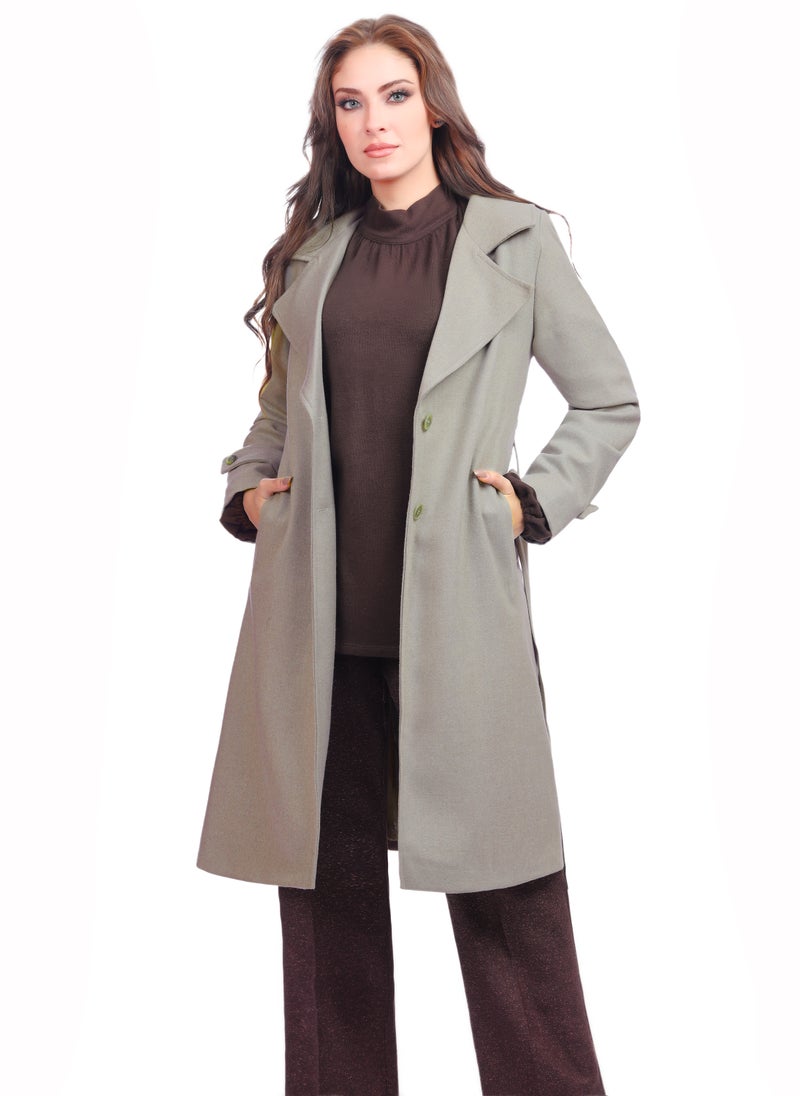 Smoky Egypt - Fully Lined Long Wool Blend Womens Coat With Belt - Grey - Image 1