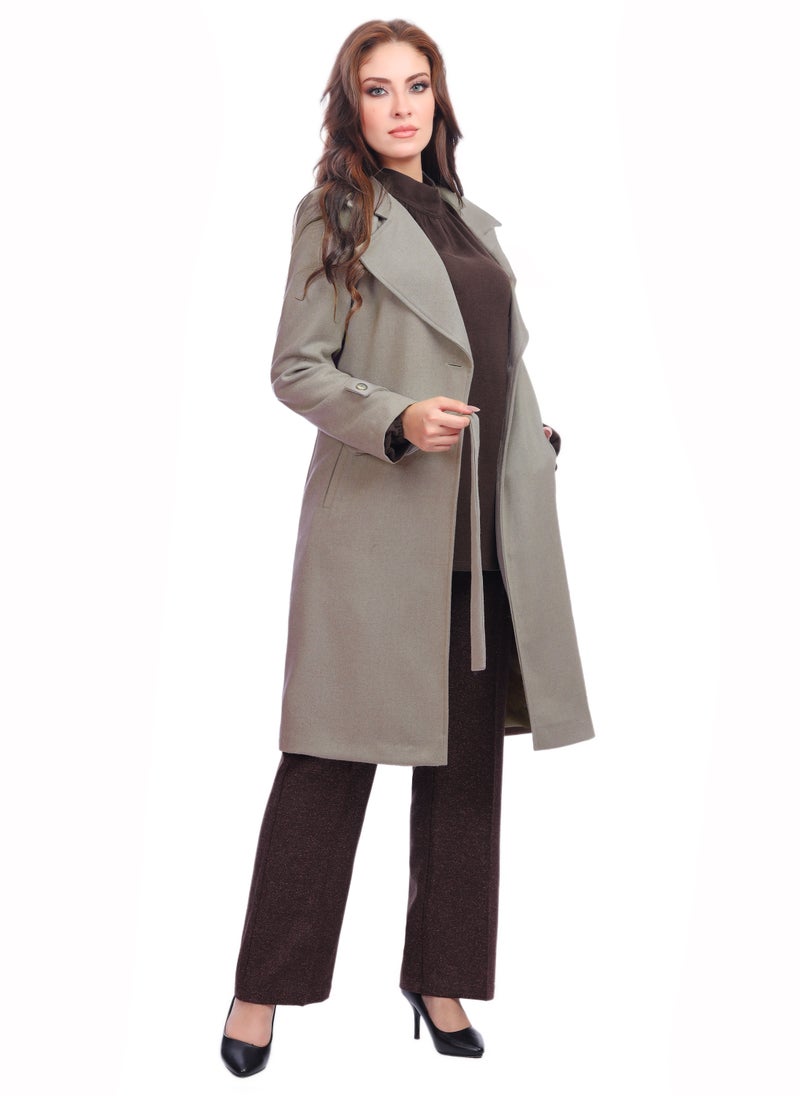 Smoky Egypt - Fully Lined Long Wool Blend Womens Coat With Belt - Grey - Image 1