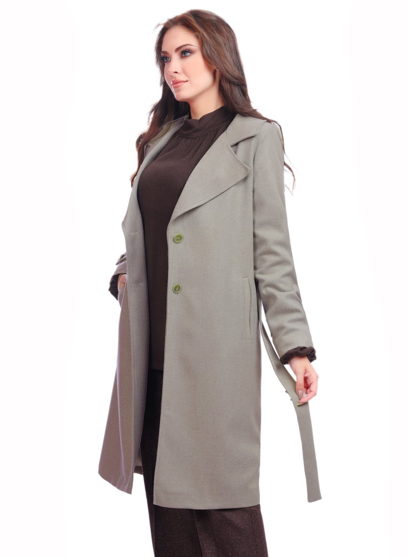 Smoky Egypt - Fully Lined Long Wool Blend Womens Coat With Belt - Grey - Image 1