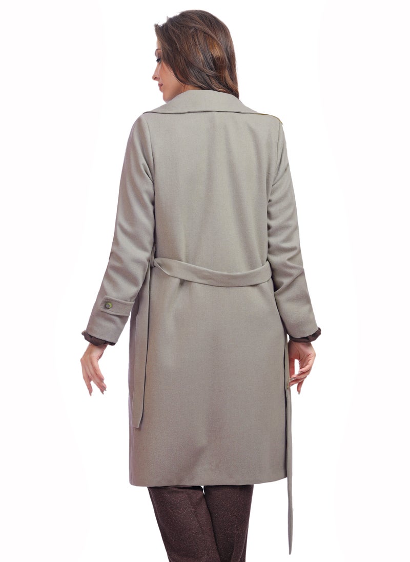 Smoky Egypt - Fully Lined Long Wool Blend Womens Coat With Belt - Grey - Image 1