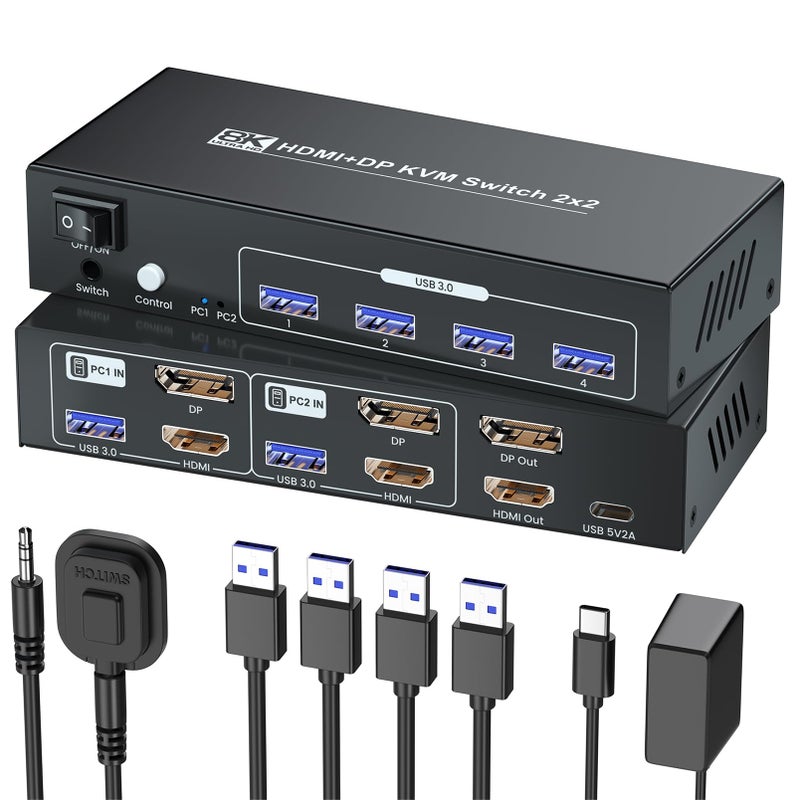 SEMZHENG مفتاح KVM HDMI Displayport لشاشتين وكمبيوترين، 8K60Hz 4K120Hz USB 3.0 مفتاح HDMI DP مزدوج لشاشة الكمبيوتر لإدارة 2 PC عبر مجموعة واحدة من لوحة المفاتيح والفأرة وشاشتين - Image 1