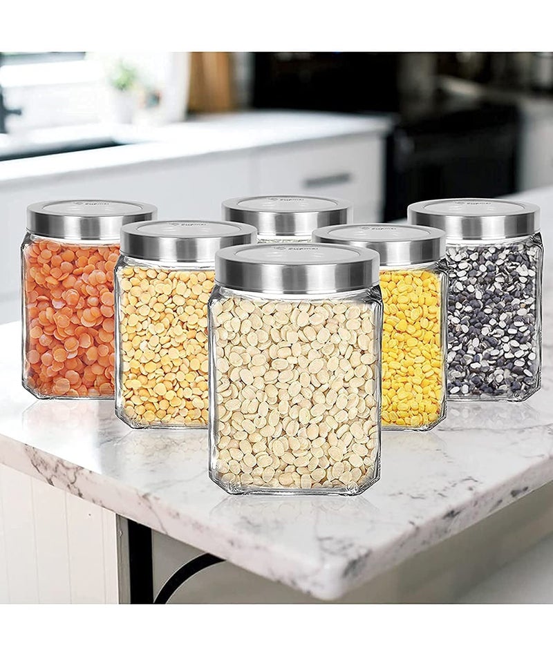 Brezzycloud Glass Cubical Square Transparent Glass Jars Containers for Kitchen Pantry Snacks Masala Jams Pickles Cookies Dry Fruits Coffee Beans Storage with Lid 600ml Set Of 6 - Image 2
