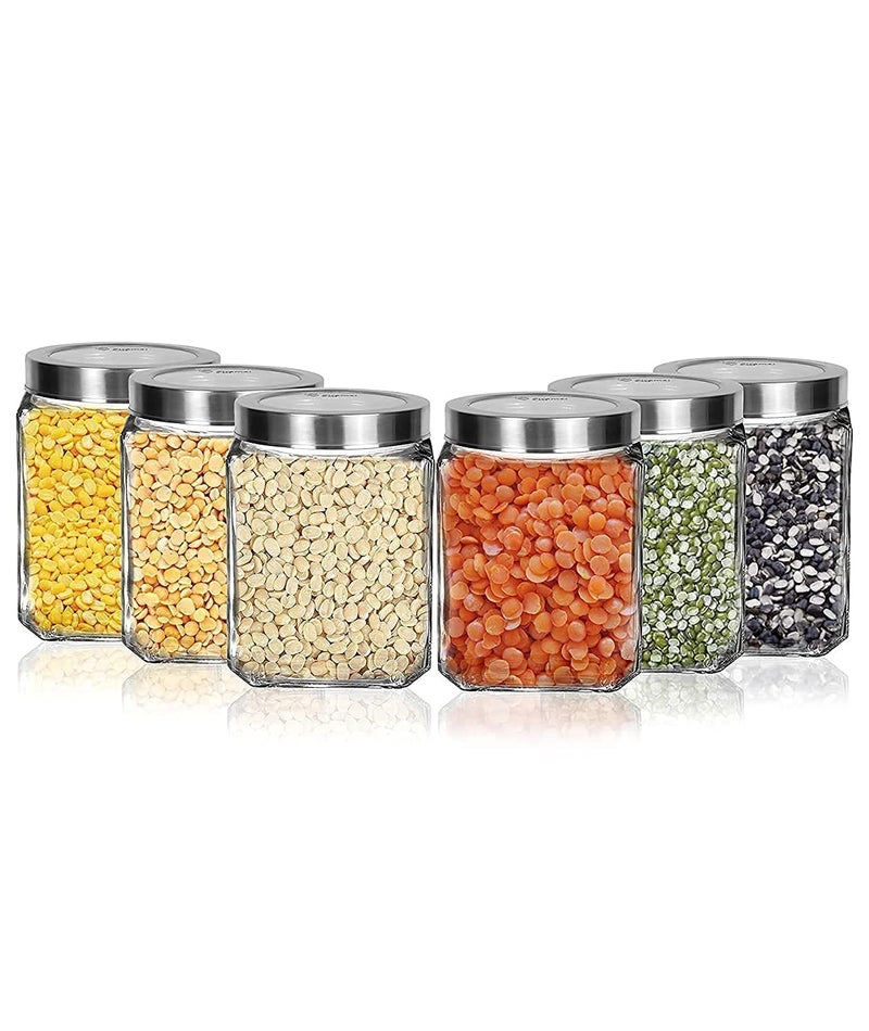 Brezzycloud Glass Cubical Square Transparent Glass Jars Containers for Kitchen Pantry Snacks Masala Jams Pickles Cookies Dry Fruits Coffee Beans Storage with Lid 600ml Set Of 6 - Image 1