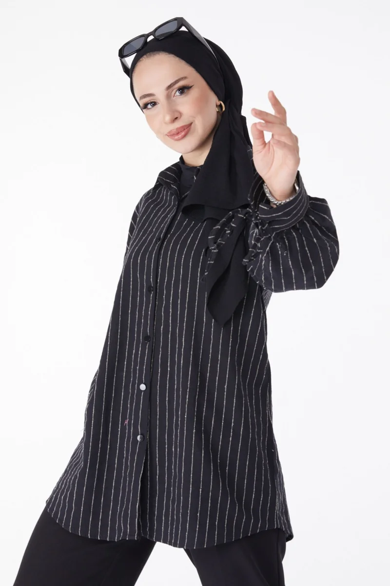 Tofisa Plain Shirt Collar Women's Black Striped Shirt - 25256
