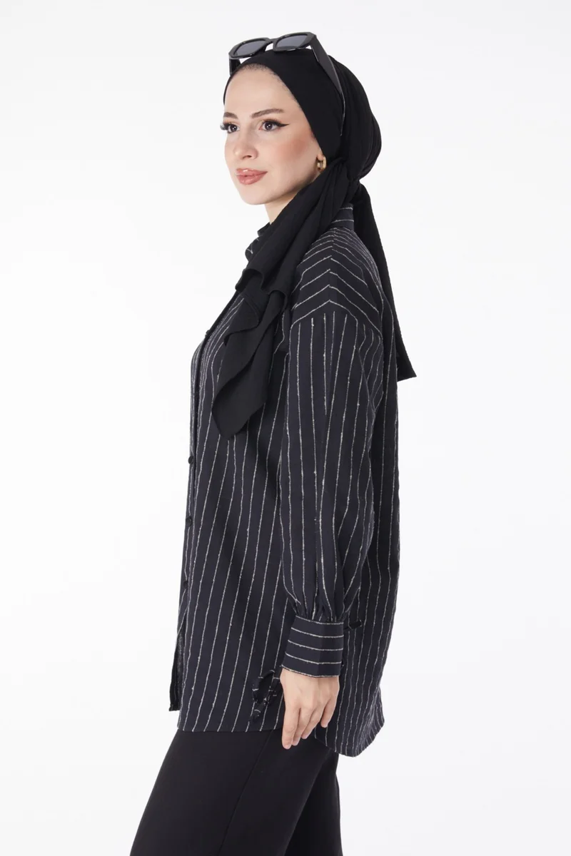 Tofisa Plain Shirt Collar Women's Black Striped Shirt - 25256