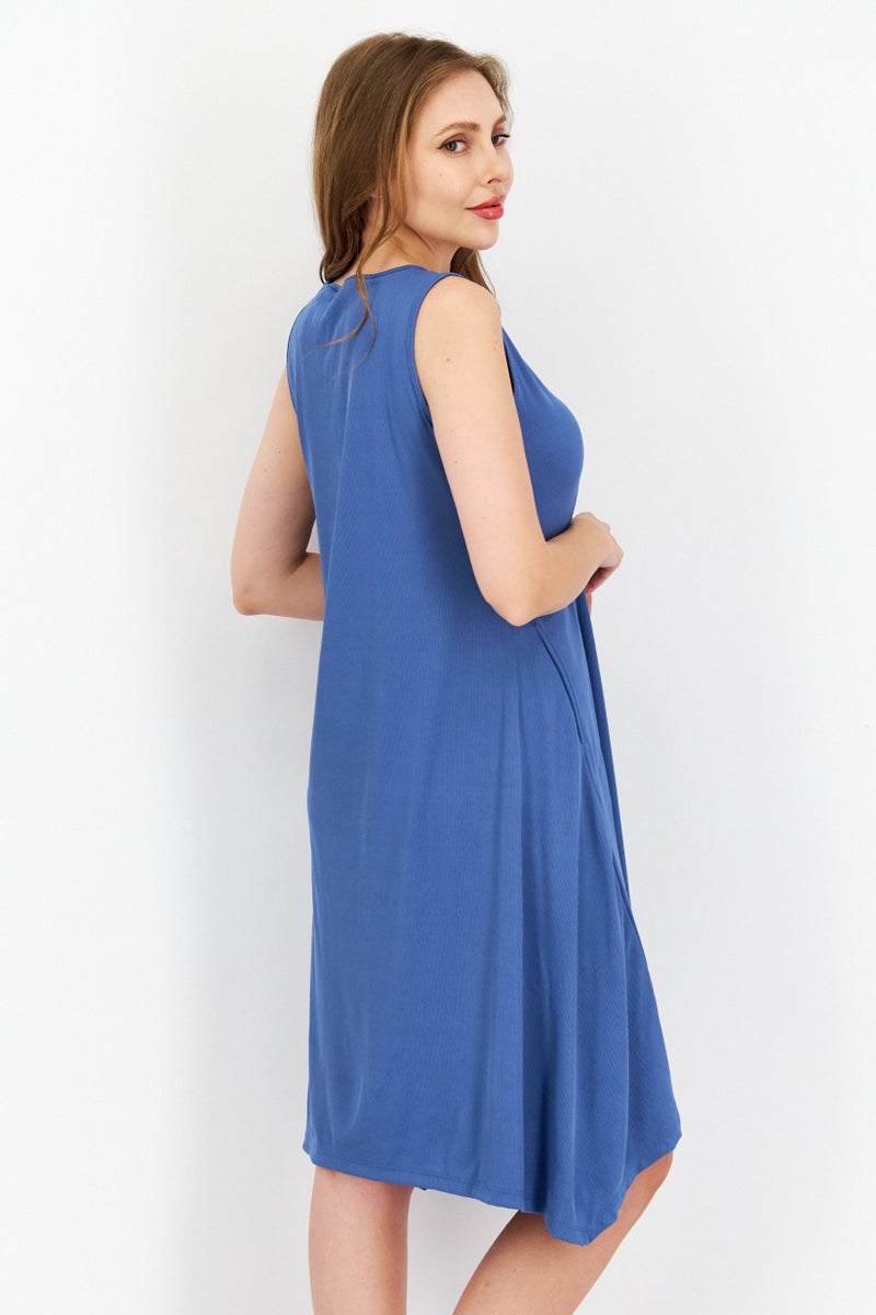 ANNE KLEIN Women Ribbed Pocketed Pullover Handkerchief Hem Mini Dress, Blue  - Image 3