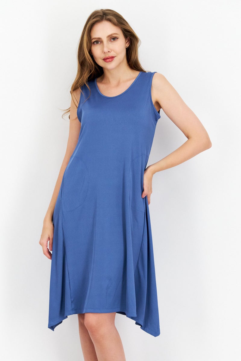 ANNE KLEIN Women Ribbed Pocketed Pullover Handkerchief Hem Mini Dress, Blue  - Image 1