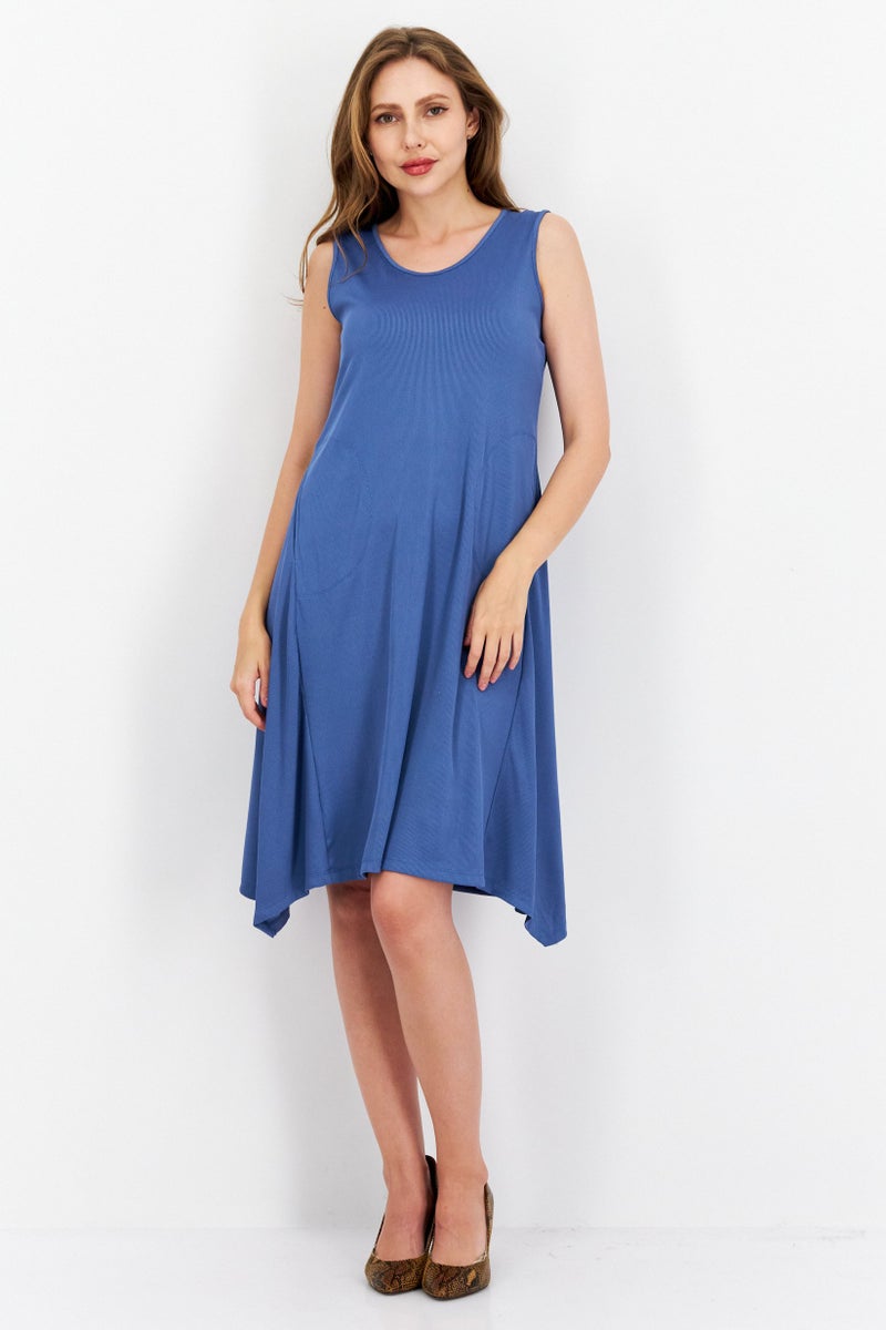 ANNE KLEIN Women Ribbed Pocketed Pullover Handkerchief Hem Mini Dress, Blue - Image 4