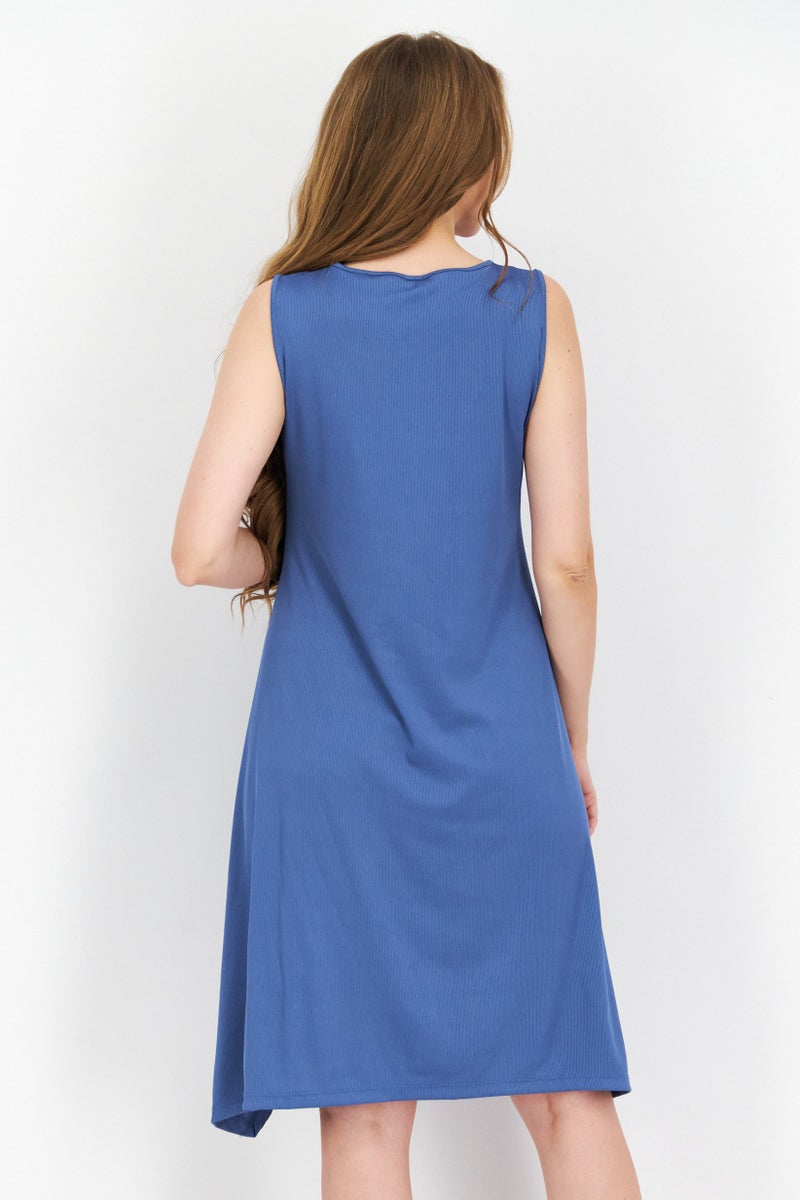 ANNE KLEIN Women Ribbed Pocketed Pullover Handkerchief Hem Mini Dress, Blue - Image 2